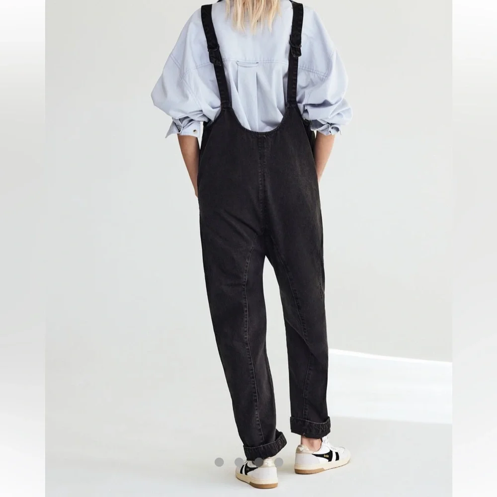 Free People Black Washed Denim Overalls Jumpsuit